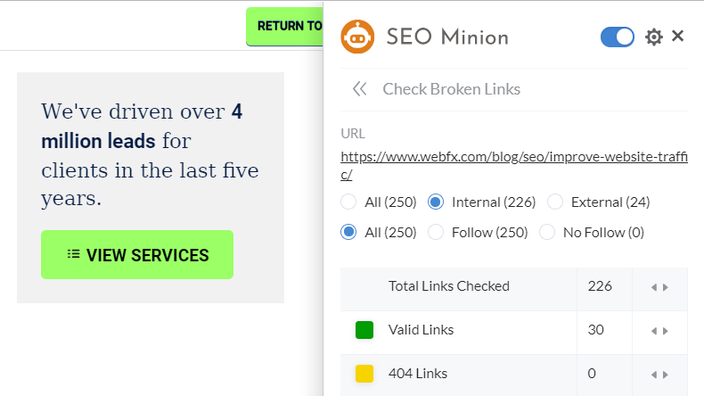 Pré-visualização de verificação de link quebrado do lacaio SEO