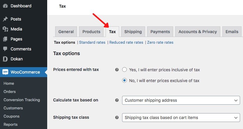 Guia WooCommerce Tax em configurações
