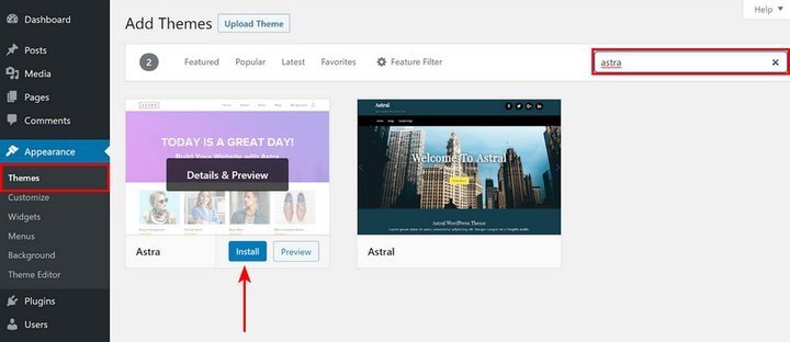Instale o tema Astra