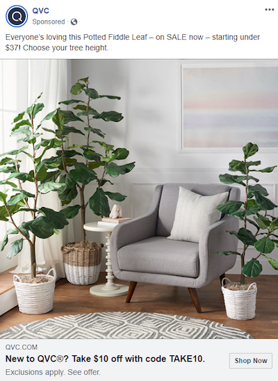 Exemplo de código de desconto de publicidade do Facebook para comércio eletrônico