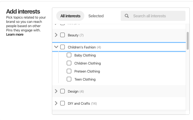 Segmentação por interesse no Pinterest