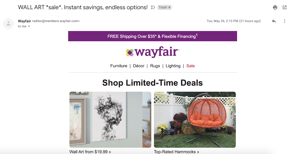 Acompanhamento Wayfair por e-mail